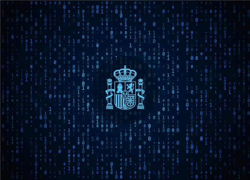 Imagen con escudo de España sobre fondo que representa datos 