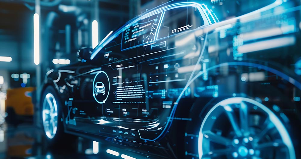 vehículos eléctricos con una interfaz gráfica táctil virtual con un taller de reparación de automóviles difuminado en el fondo.