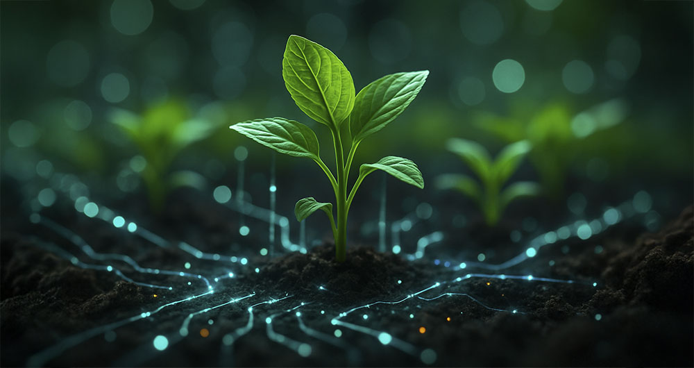 planta verde con líneas que representan datos