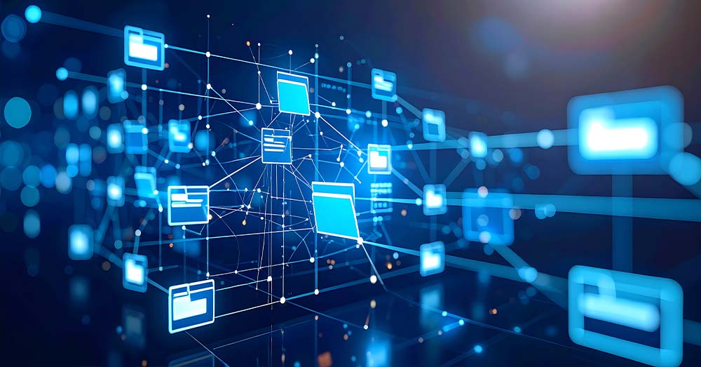 Red abstracta de archivos de datos interconectados. 