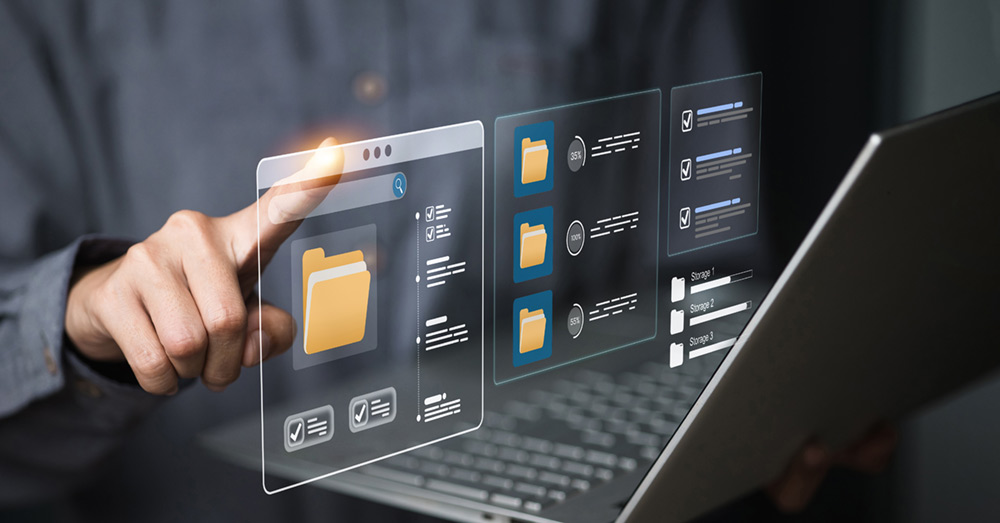 Interfaz de usuario para la gestión de archivos digitales con carpetas y listas de verificación. 