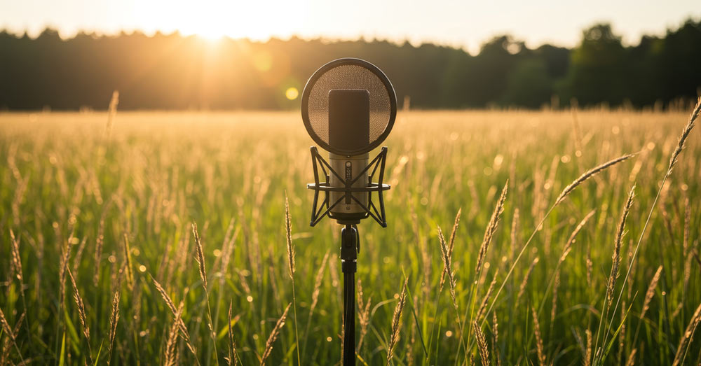 Micrófono en un campo al atardecer