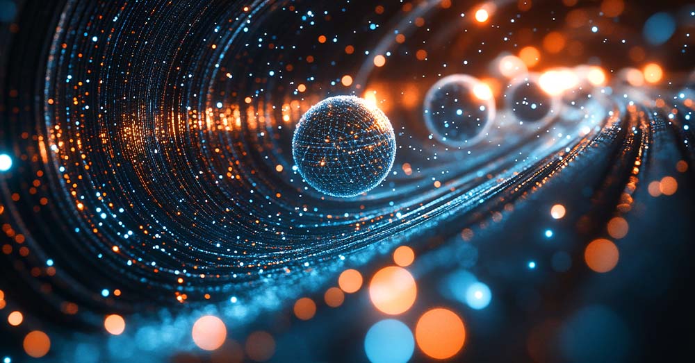 Fondo dinámico de computación cuántica con esferas en capas que representan qubits girando en un complejo patrón de ondas de energía. 