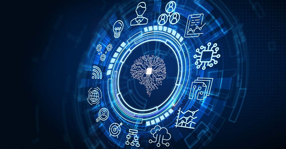 Representación digital de una inteligencia artificial como un cerebro luminoso interconectado, rodeado de iconos tecnológicos que simbolizan computación en la nube, análisis de datos, conectividad global y aprendizaje automático, sobre un fondo azul oscuro con patrones de circuitos. 