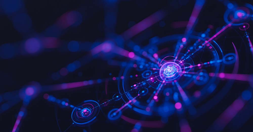 Líneas luminosas en una radial que representan la conexión de los datos en deep learning 