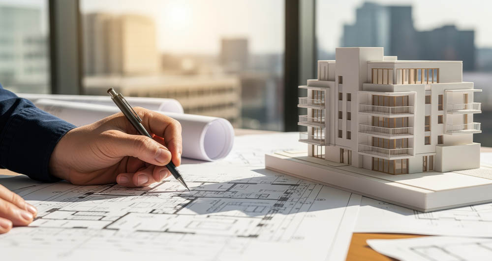 Una persona con un lápiz haciendo diseños de urbanismo