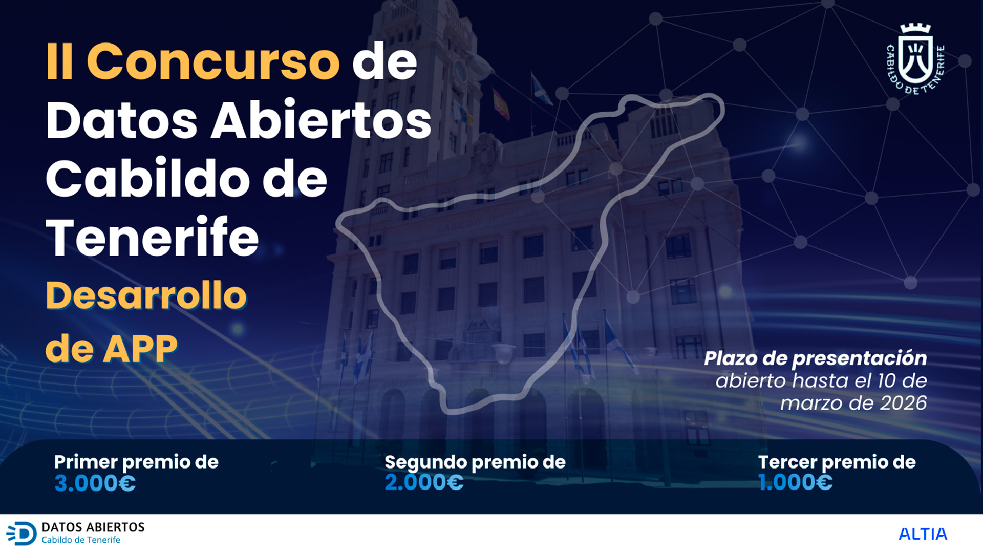 Cartel del II Concurso de datos abiertos de Tenerife. Plazo de presentación abierto hasta el 10 de marzo de 2026. Primer premio de 3.000 euros, segundo premio de 2.000 euros y tercer premio de 1.000 euros. Organizado por Datos Abiertos del Cabildo de Tenerife y Altia.
