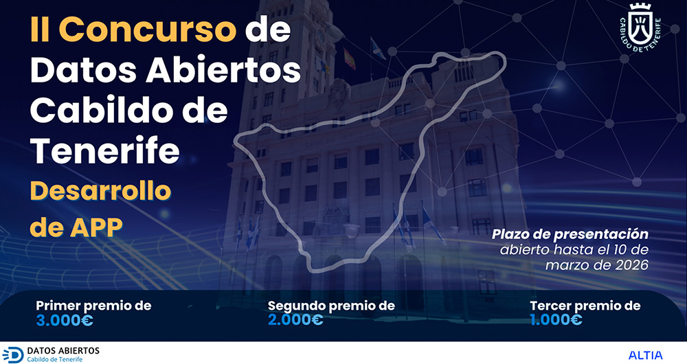 Cartel del II Concurso de datos abiertos de Tenerife. Plazo de presentación abierto hasta el 10 de marzo de 2026. Primer premio de 3.000 euros, segundo premio de 2.000 euros y tercer premio de 1.000 euros. Organizado por Datos Abiertos del Cabildo de Tenerife y Altia.