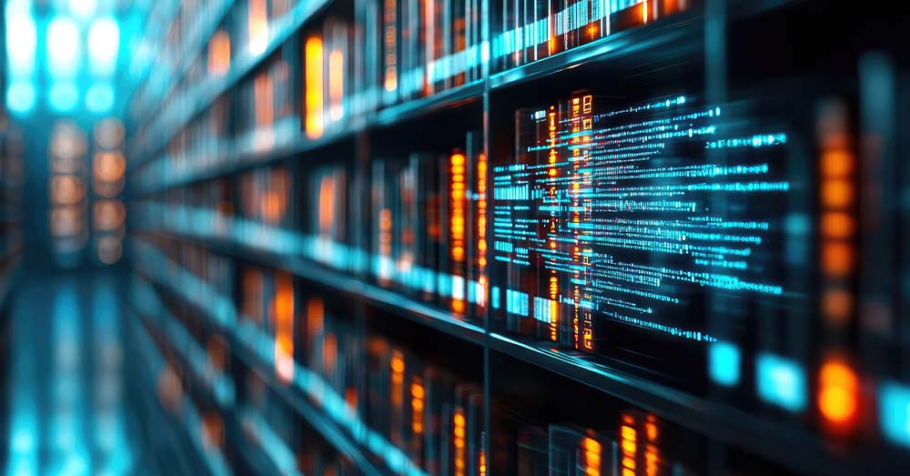 Biblioteca digital abstracta con flujos de datos luminosos en las estanterías. 