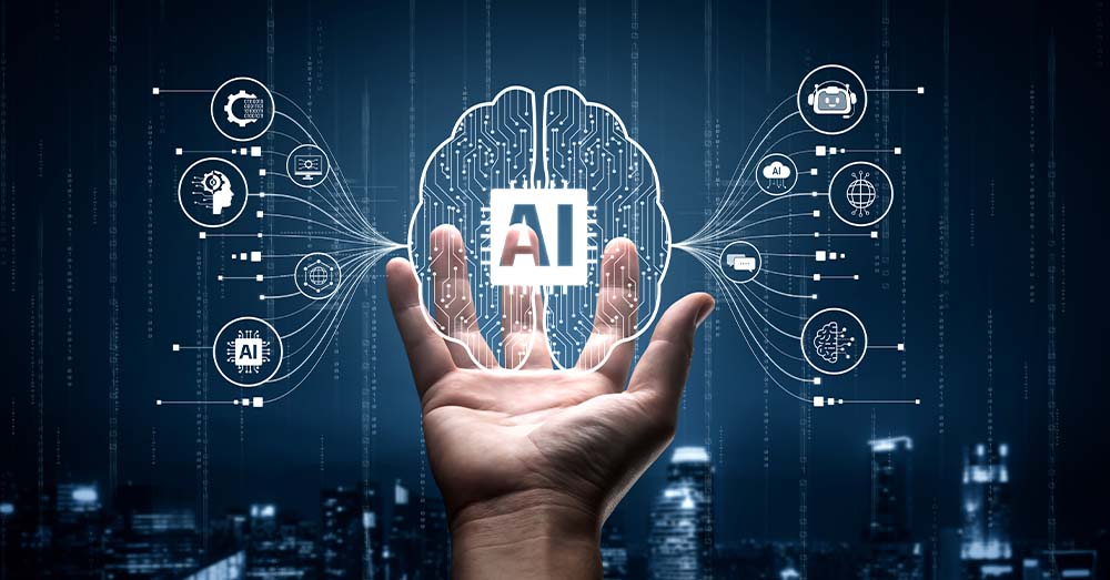 Mano que sostiene un icono de un cerebro con la palabra IA. El cerebro enlaza con otros iconos que simbolizan asistentes de IA con LLM, big data, aprendizaje automático, capacidades de IA generativa, etc. 