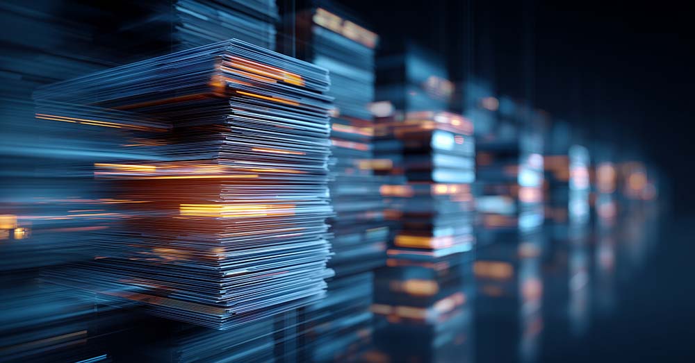 Bloque de datos apilados y luminosos que representan el flujo de activos digitales y la gobernanza de la información en un entorno de gobernanza digital seguro. 