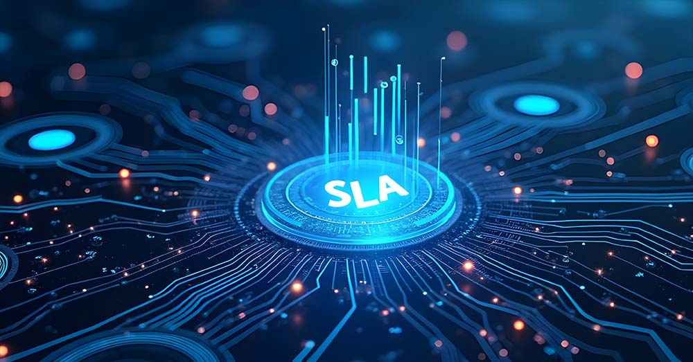 Ilustración digital de un panel tecnológico con el acrónimo ‘SLA’ en el centro, rodeado de circuitos y barras de datos luminosas en tonos azules que evocan análisis, métricas y conectividad. 