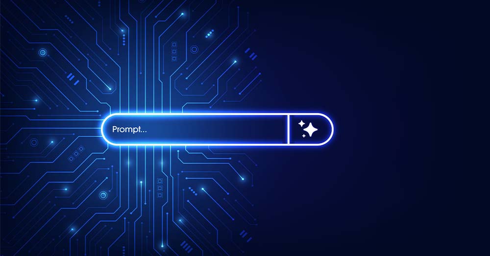 Icono de una barra de texto en la que hay escrito “prompt” sobre un fondo que representa tecnología 