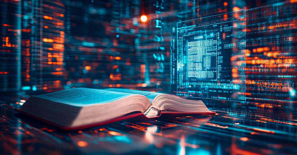 Libro abierto sobre una superficie reflectante, rodeado de código futurista brillante y flujos de datos digitales.