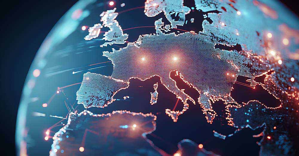 Primer plano de Europa en una representación digital de conexiones, con las luces y las líneas de dato 