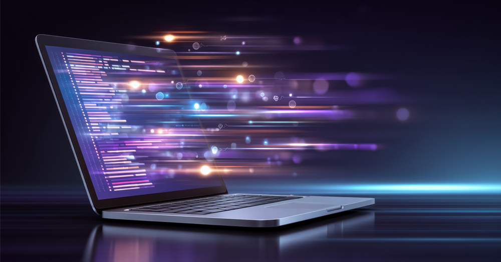 API en las Administraciones públicas: cuáles hay y cómo utilizarlas Concepto de integración de una API de código digital para ordenador portátil con líneas luminosas y flujo de datos sobre fondo oscuro.