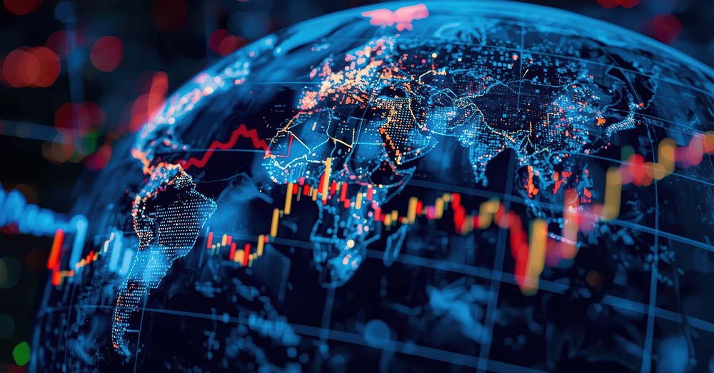 Mapa mundial con puntos luminosos que representan ciudades y líneas de gráficos. 