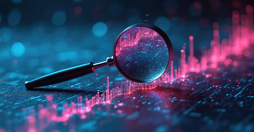 Una lupa examina brillantes flujos de datos digitales y gráficos de barras. 