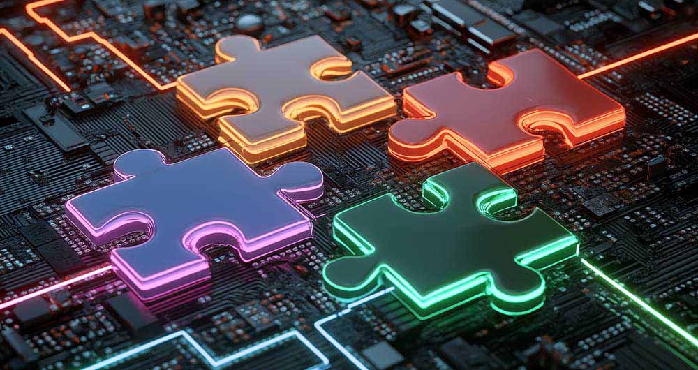 4 piezas de puzzle que convergen, representando los cuatro tipos de interoperabilidad: técnica, semántica, organizativa y jurídica,