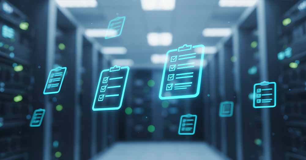 Concepto de gestión de datos y cumplimiento normativo con iconos de portapapeles digitales flotando en una sala de servidores, que simbolizan la protección de datos, las normas reglamentarias y el procesamiento eficiente de la información. 