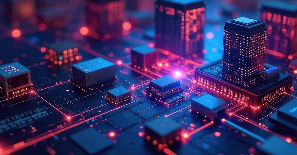 Infografía: interoperabilidad para conectar datos, sistemas y personas Una red diversa de servidores y dispositivos interconectados que intercambian datos de forma fluida, lo que simboliza el poder de las tecnologías integradas en la infraestructura moderna.