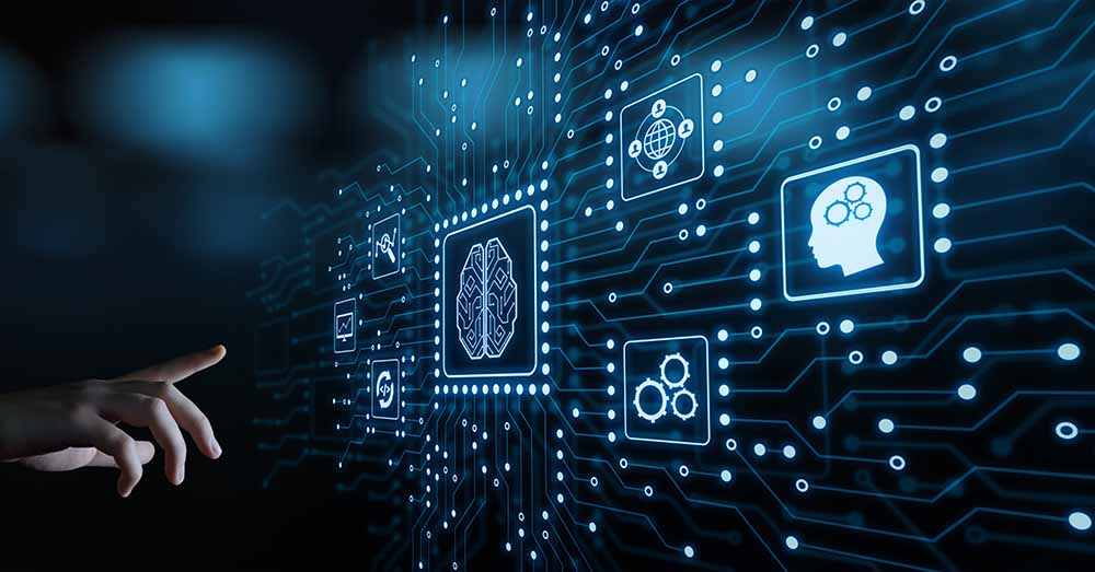 Iconos de conceptos relacionados con la inteligencia artificial, conectados por flujos de datos. 