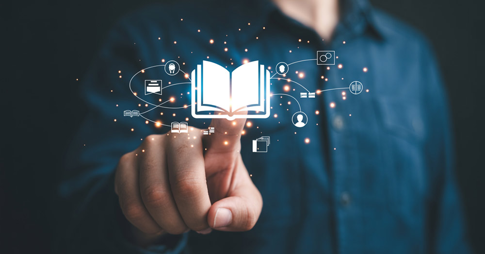 Educación digital, aprendizaje en línea, cursos de e-learning y recursos de conocimiento con un icono conceptual de libro abierto 