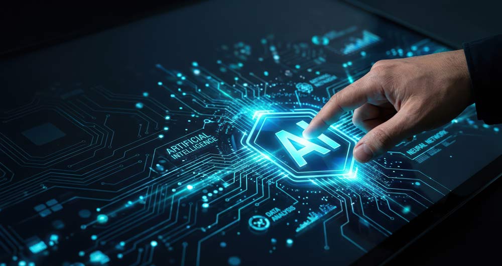 Una mano humana interactuando con una interfaz de inteligencia artificial luminosa en una pantalla digital futurista