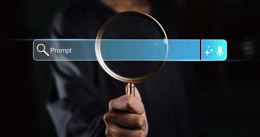 Una lupa con una barra de búsqueda en la que aparece la palabra «Prompt», que representa la optimización de búsquedas basada en IA, la ingeniería de prompts y la tecnología de segmentación digital por palabras clave.