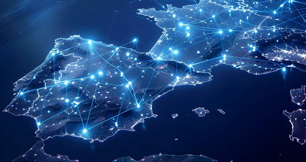 Mapa de España con puntos y líneas que representan flujos de datos