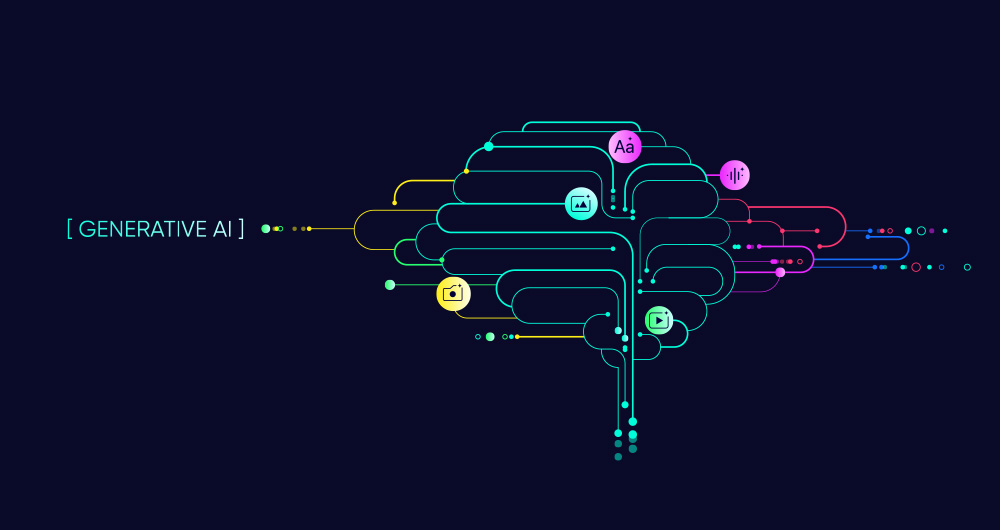 iconos y líneas que forman un cerebro junto a la palabra IA generativa
