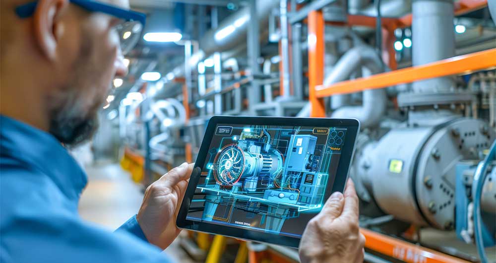 Ingeniero que sostiene una tablet en la que se refleja el gemelo digital de un generador eléctrico en un centro de investigación y desarrollo de Industria 4.0.