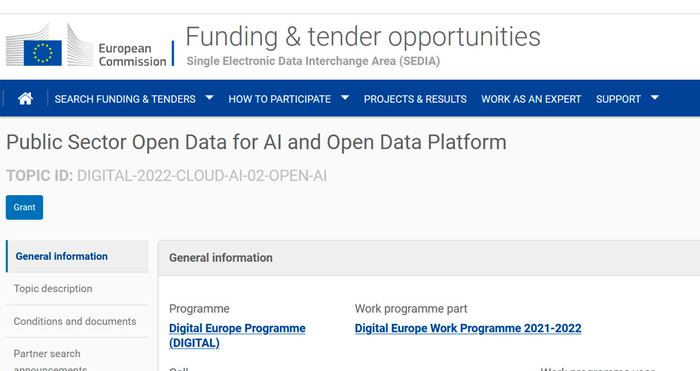 Captura de la web de las ayudas "Public Sector Open Data for AI and Open Data Platform"