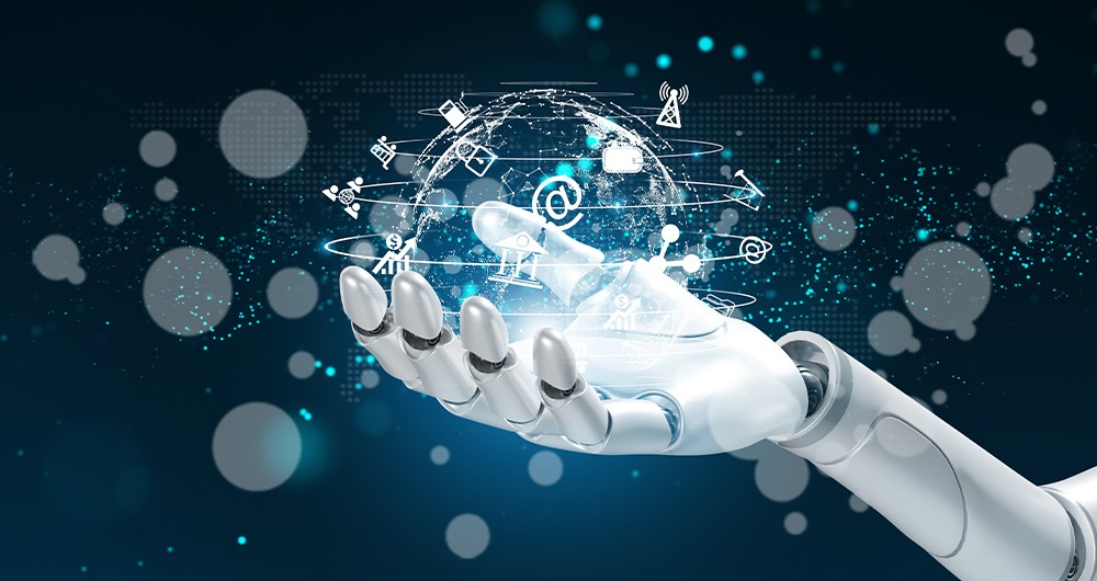 robotic hand holding a world ball