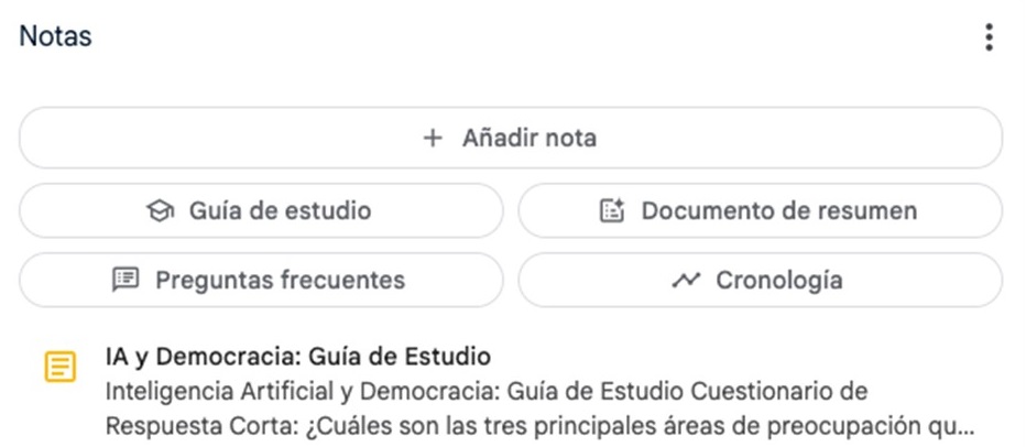 Figure 1. Different summary options in NotebookLM. For example, “add note”, study guide, summary document, FAQ, chronology...