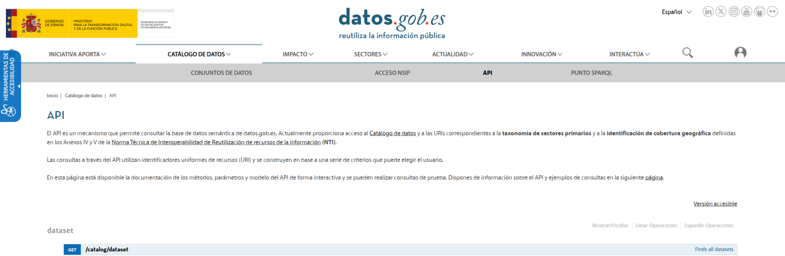 Figura 2. Captura de la página de la API del catálogo de datos