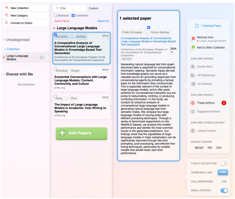 Captura de pantalla en Research Rabbit: lista personalizada de artículos.