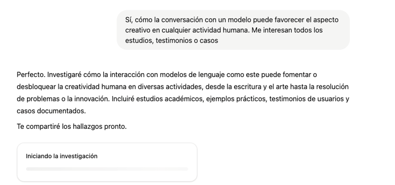 Captura de pantalla en ChatGPT Plus: inicio de la investigación y barra de progreso
