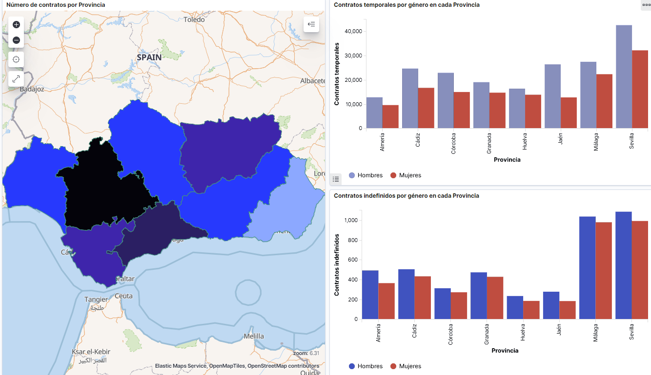 Visualización del dashboard sobre la caracterización de la demanda de empleo en España. La imagen muestra el número de contratos temporales e indefinidos desagregados por sexo y provincia.