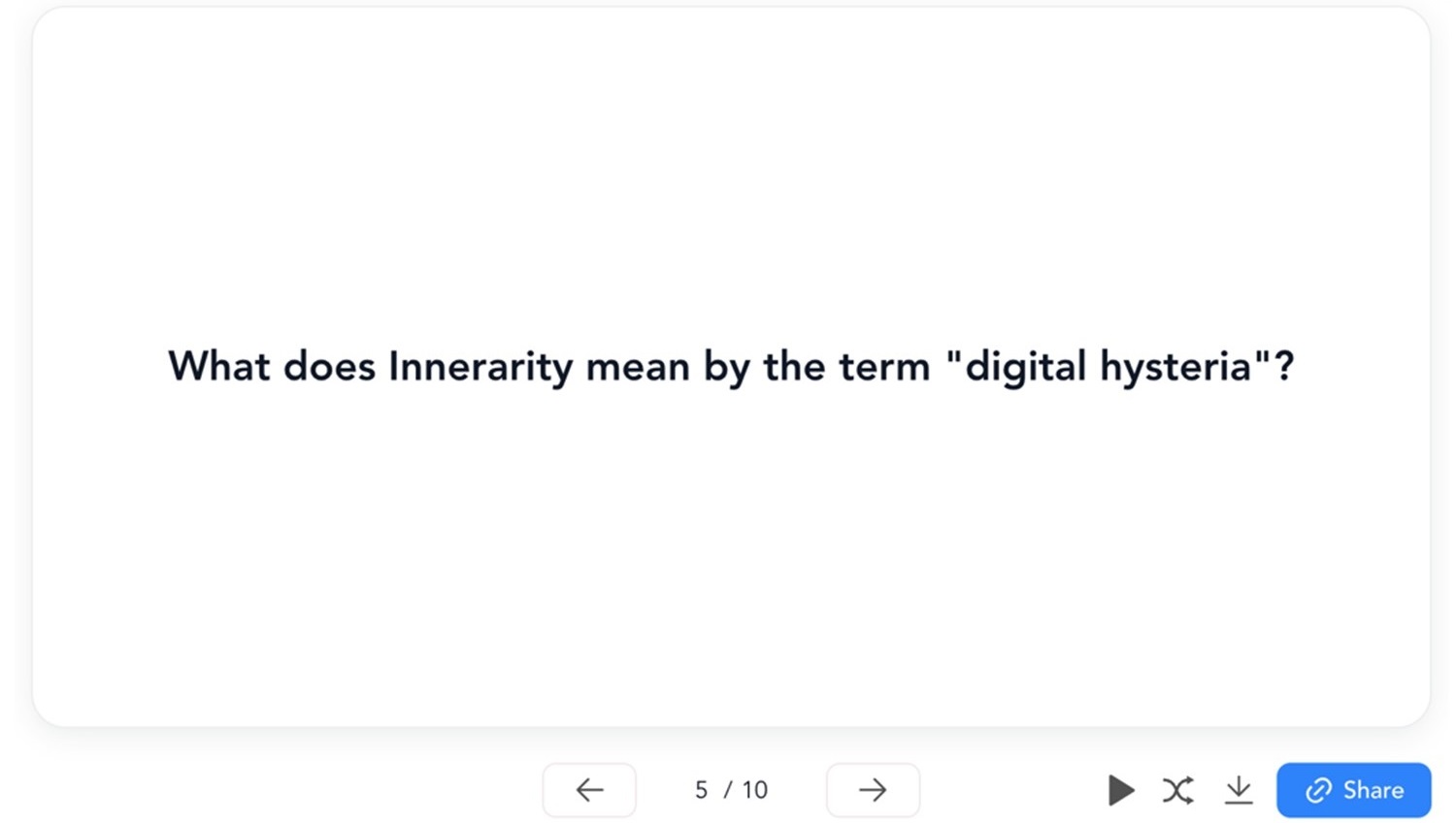 Figura 12. Tarjeta de aprendizaje de NoteGPT con la pregunta "What does Innerarity mean by the term "digital hysteria"?