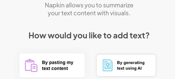 Figure 3. Starting points in Napkin.ai. The tool asks “How would you like to add text? By pasting my text content or by generating text using AI.”