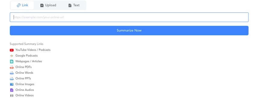 Figure 8. Starting points for NoteGPT. The tool requests a link from YouTube, Google podcast, web pages, online pdfs, online words, online ppts, online images, online audios or online videos. 