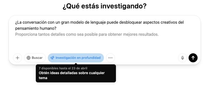  Captura de pantalla en ChatGPT Plus: botón Investigación en profundidad.