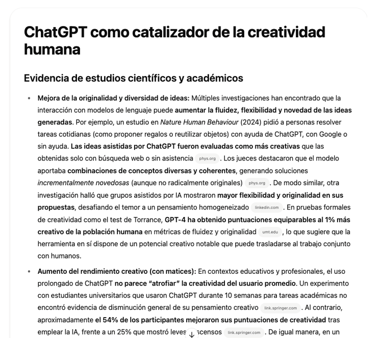 Captura de pantalla de ChatGPT Plus: resultado de la investigación (fragmento).