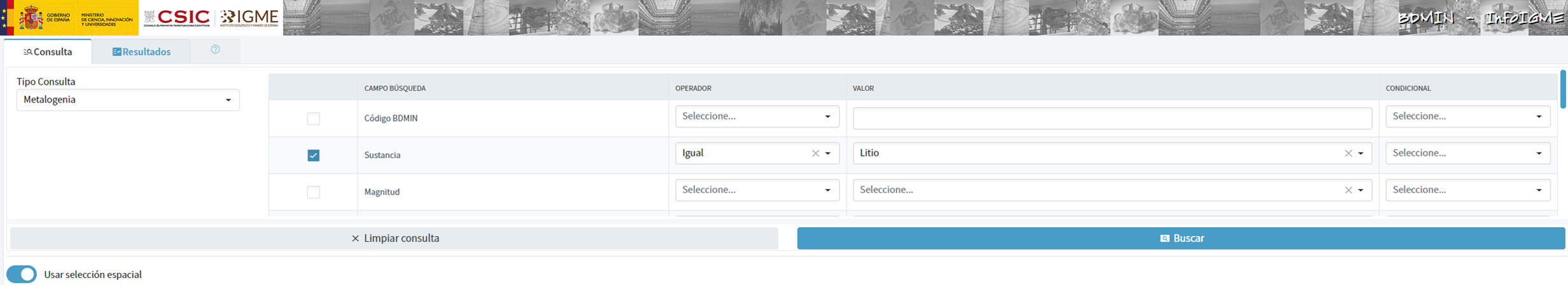 Selección de conjunto de datos en BDMIN.