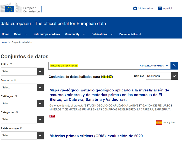 Captura de la búsqueda de materias primas críticas en el portal de datos europeo