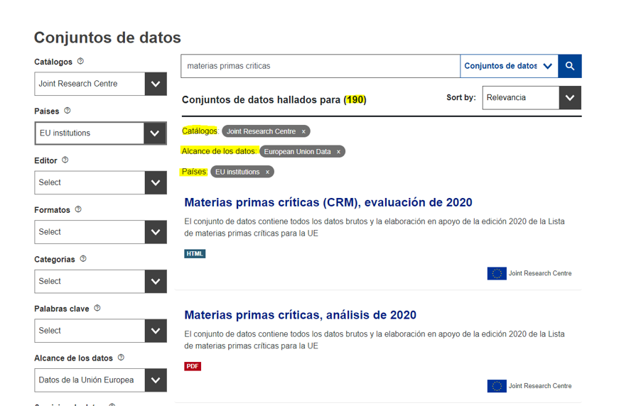 Captura de una segunda búsqueda de materias primas críticas en el portal datos europeo