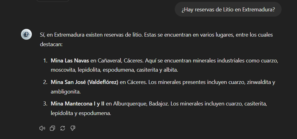 Captura de la respuesta a la pregunta sobre reservas de litio en Extremadura.