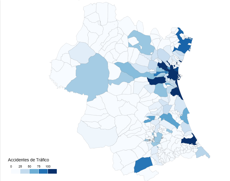 Mapa de los municipios de la provincia de Valencia y su siniestralidad en carretera en 2024