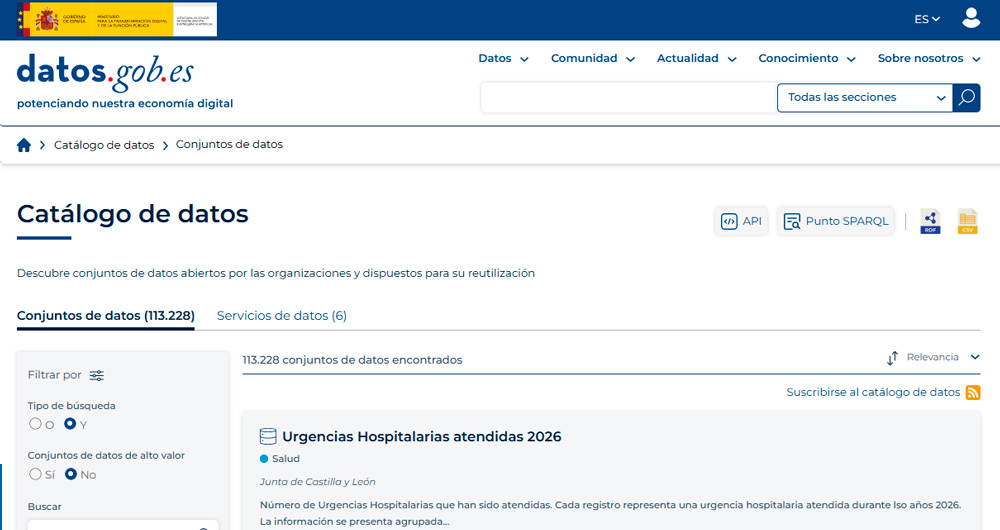 Captura del Catálogo Nacional de Datos Abiertos, alojado en datos.gob.es.